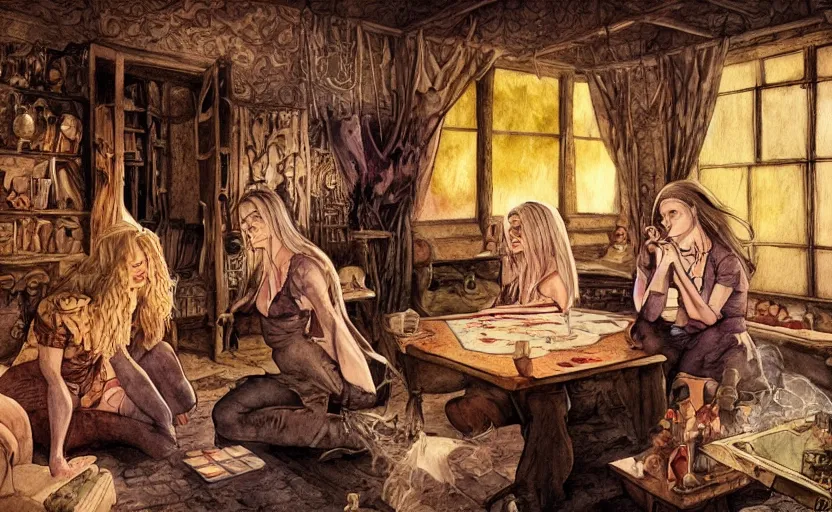 Prompt: women in the interior of a witches magical cottage, Milo Manara, night time, Margot Robbie, Scarlett Johanson, zoey Deschannel, smoking cigarettes, playing board games, highly detailed, pencil and watercolor, Tarantino movie posters, melancholy, level design, concept art, artstation, cgsociety, zenith view