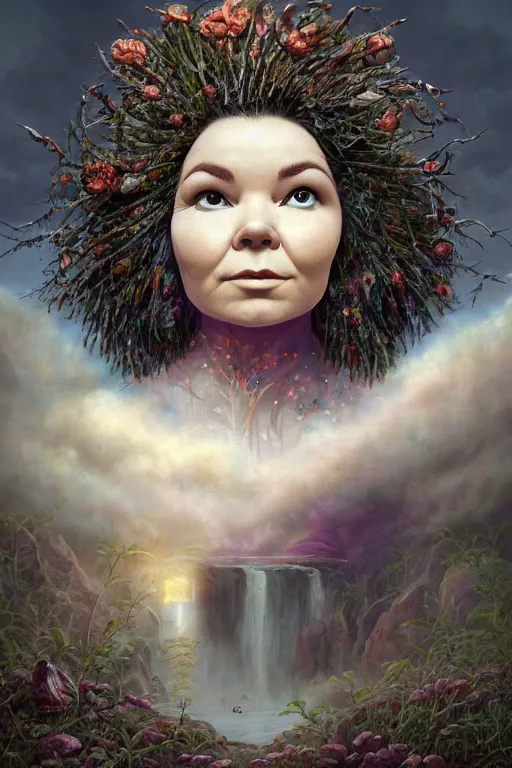 Image similar to beautiful bjork portrait by hubert robert and lee madgwick and roger dean and jacek yerka, dan mumford and alex grey style, soft lighting, 4 k hd wallpaper illustration concept joy atmospheric lighting