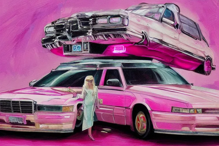 Prompt: a highly detailed pink stretch limo overflowing with cash, detailed painting by arturo faldi, trending on deviantart, octane, masterpiece