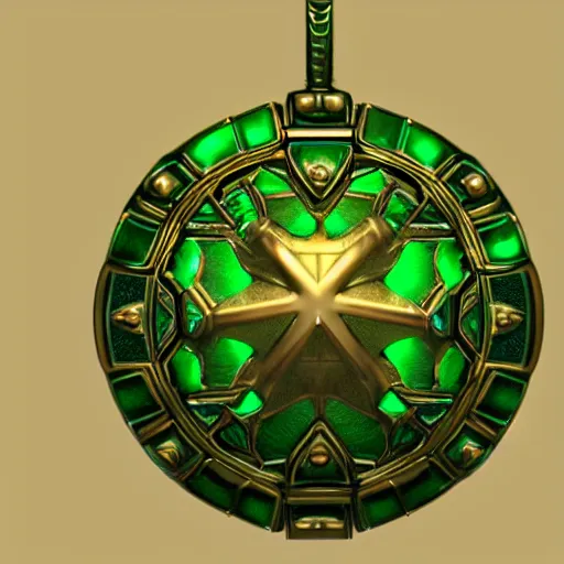 Prompt: shiny metallic amulet with a glowing emerald, highly detailed, concept art, beautiful, octane render, realistic, unreal engine, sharp focus