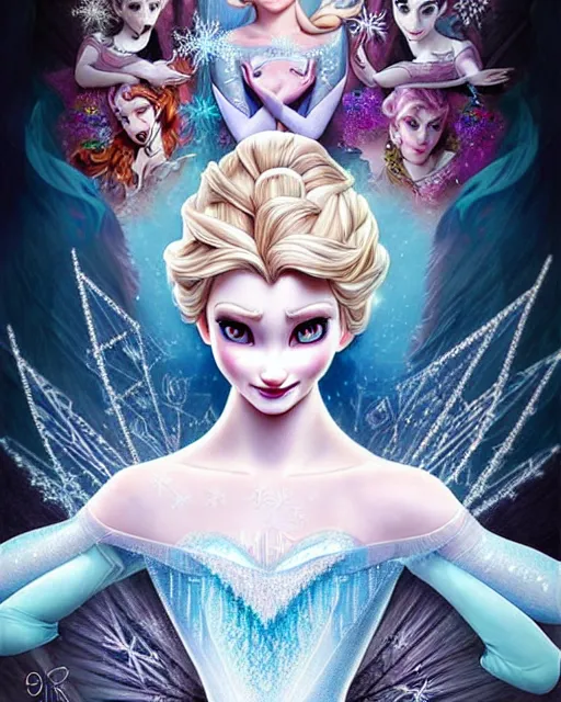 Image similar to ' princess elsa, insanity, demented, morbid, surreal ', beautiful shadowing, 3 d shadowing, reflective surfaces, illustrated completely, 8 k beautifully detailed pencil illustration, extremely hyper - detailed pencil illustration, intricate, epic composition, masterpiece, bold conflicting colors. stunning masterfully illustrated by artgerm, range murata, alphonse mucha, katsuhiro otomo.