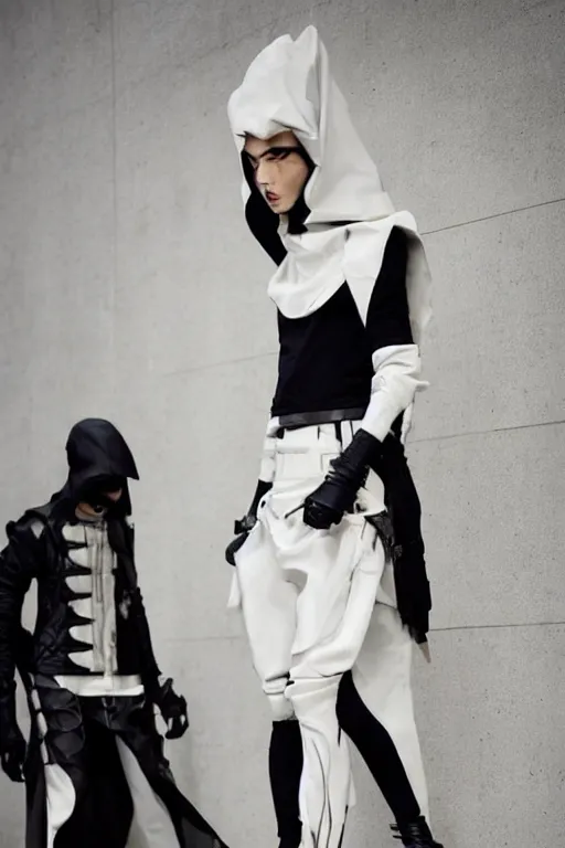 Image similar to beautiful androgynous high fashion avant garde techwear look and clothes, we can see them from feet to head, highly detailed and intricate, luxury, cinematic, rick owens, yohji yamamoto, y 3, outfit photo, hot on r / streetwear, trending on artstation,