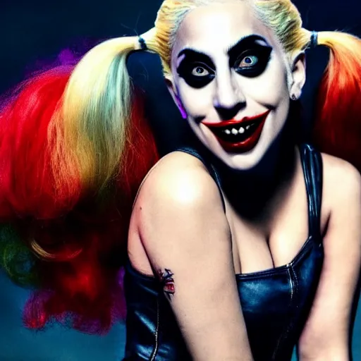 Image similar to close-up photograph of Lady Gaga portraying Harley Quinn while laughing in the movie Joker 2023, dancing pose, moody lighting, award winning photo by Annie Leibovitz, 4k