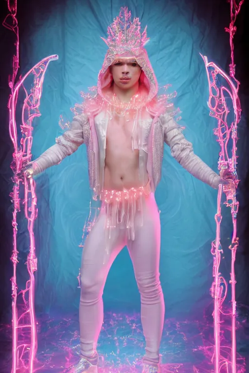 Prompt: full-body rococo and cyberpunk delicate neon crystalline sculpture of ((young muscular albino prince Joe Jonas)) as an iridescent humanoid deity wearing ((peach plastic hooded cloak)) (holding a human skull) in a white castle dungeon, reclining, glowing pink face, crown of (pink lasers), large blue diamonds, swirling black silk fabric. futuristic elements. oozing glowing liquid, full-length view. space robots. intricate artwork by caravaggio. Trending on artstation, octane render, cinematic lighting from the right, hyper realism, octane render, 8k, depth of field, 3D