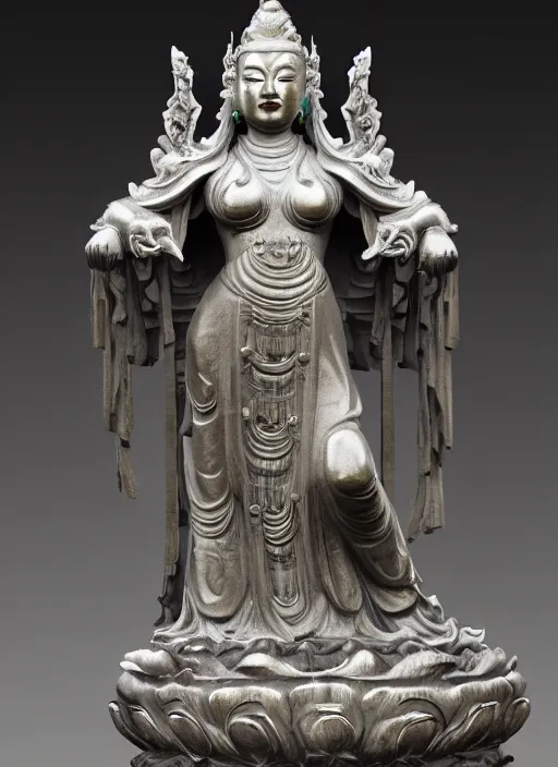 Image similar to a art deco sculpture statue of full body guanyin, intricate complexity,, statue by jane hamilton, ruan jia, character concept, radiant light,, frostbite 3 engine, cryengine, dof, trending on artstation, digital art, fantasy detailed abackground