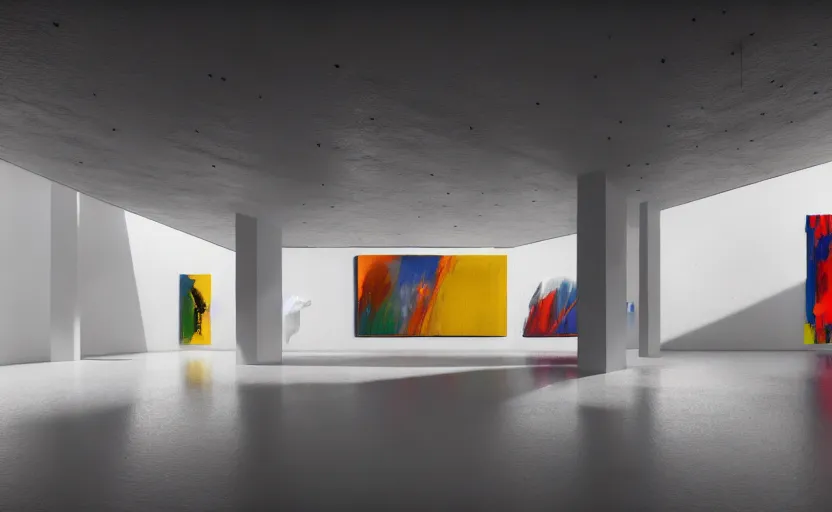 Image similar to painting of interior shot of a white concerete brutalist contemporary art museum with abstract colourful paintings hanging on the wall by darek zabrocki and greg ruthkowski, cinematic and cold atmospheric, archillect concept art, artstation, trending on artstation