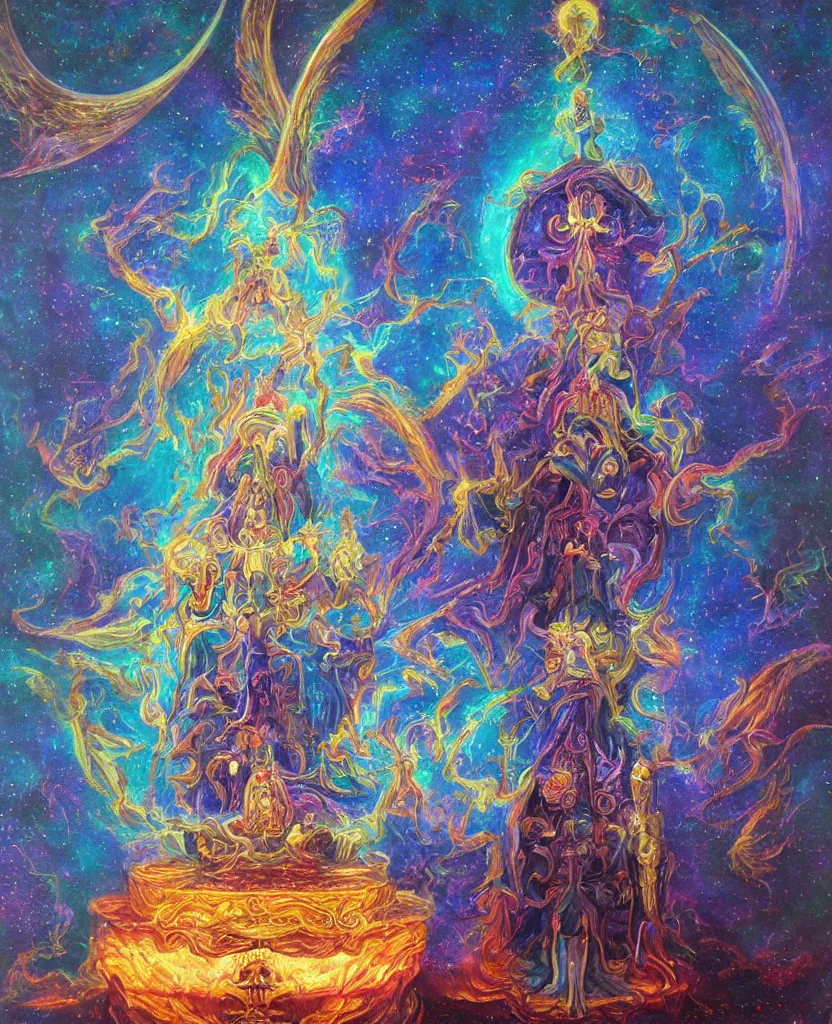 Image similar to holy throne of the lunar god, award winning oil painting, iridescent aberration celestial color palette