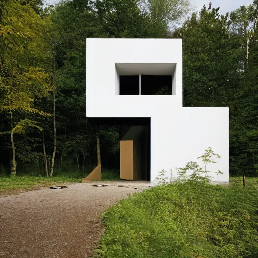 Prompt: architecture photo of futuristic cottage settlement in forest , Alvaro Siza, herzog de meuron, photorealism, high details,