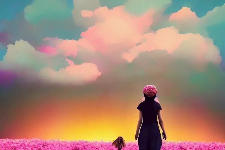 Image similar to giant dahlia flower on her head, girl walking on mountain, surreal photography, pink storm clouds, dramatic light, impressionist painting, digital painting, artstation, simon stalenhag