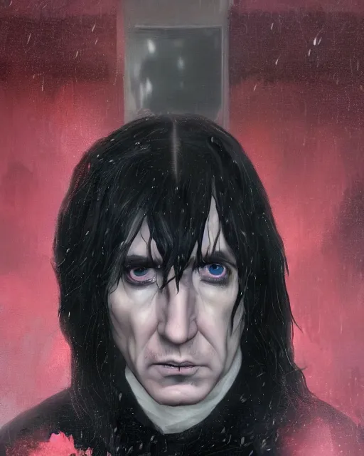 Prompt: An epic fantasy comic book style portrait painting of a very imposing Industrial goth Trent Reznor as Severus Snape in the rain, wet hair, neon reflections, character design by Mark Ryden and Pixar and Hayao Miyazaki, unreal 5, DAZ, hyperrealistic, octane render, cosplay, RPG portrait, dynamic lighting, intricate detail, cinematic