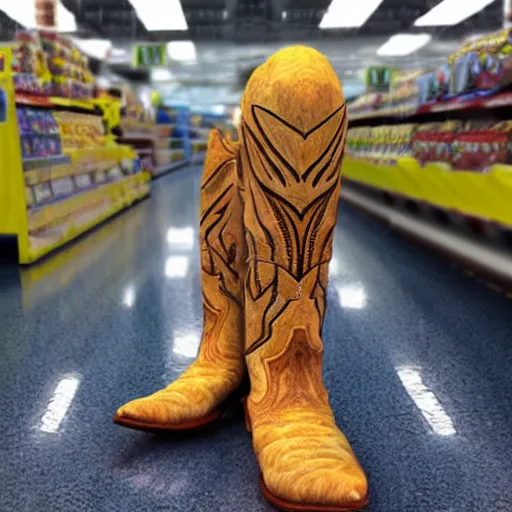 Image similar to real alien at Walmart, wearing cowboy boots, photo, photorealistic, ultra realism, intricate