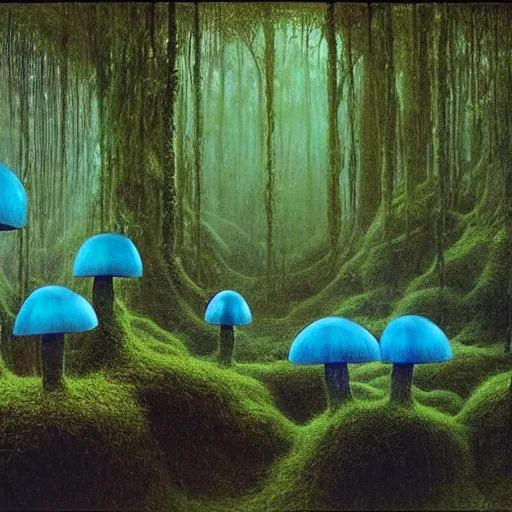 Prompt: Huge glowing blue mushrooms inside a rainforest, eerie, by Beksinski and Salvador Dali