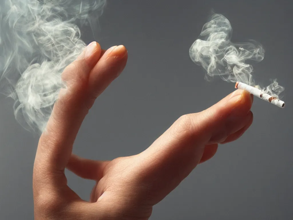 Image similar to Close-up view of hyperrealistic thin soft hand holding cigarette with smoke, by Martin Schoeller, hyper realism, 4K