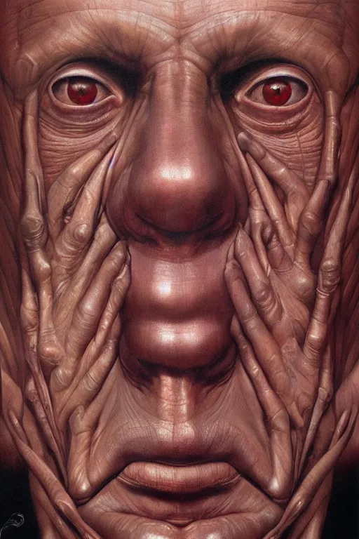 Prompt: beautiful clean oil painting biomechanical portrait of man face by wayne barlowe, complex, stunning, realistic, skin color