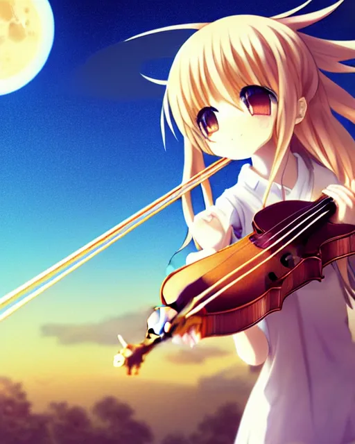 Image similar to anime style, chibi, full body, a cute girl with white skin and golden long wavy hair holding a violin and playing a song, heavenly, stunning, filters applied, lunar time, trending art, sharp focus, centered, landscape shot, happy, fleeting dream, simple background, studio ghibly makoto shinkai yuji yamaguchi, by wlop