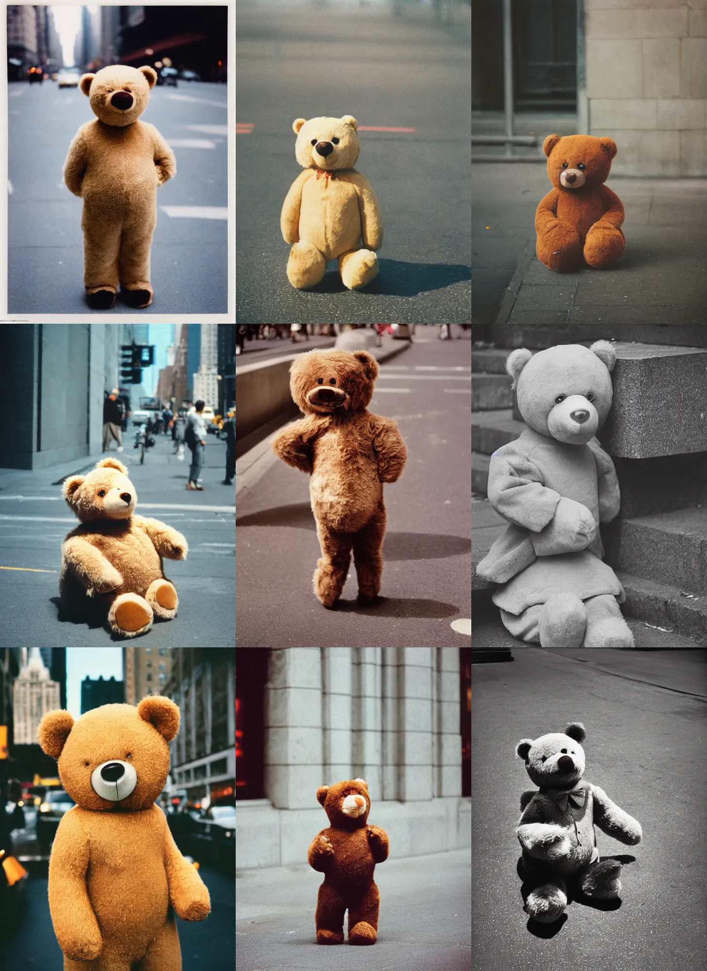 Prompt: medium format film portrait of an anthropomorphic teddy bear in new york by street photographer from the 1 9 6 0 s, hasselblad film bokeh, unsplash, soft light photographed on colour expired film