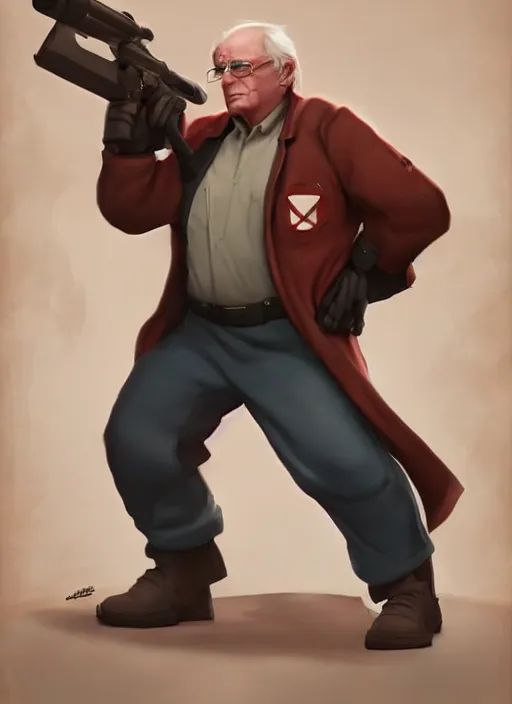 Prompt: a fusion of the heavy from team fortress 2 and bernie sanders, character portrait, cinematic lighting, art by artgerm and tom bagshaw, team fortress character art, socialist mercenary