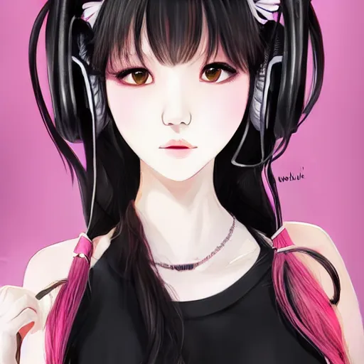 Image similar to realistic beautiful gorgeous natural cute Blackpink Lalisa Manoban black hair fur black cat ears, wearing white camisole summer outfit, headphones, black leather choker artwork drawn full HD 4K highest quality in artstyle by professional artists WLOP, Aztodio, Taejune Kim, Guweiz on Pixiv Artstation