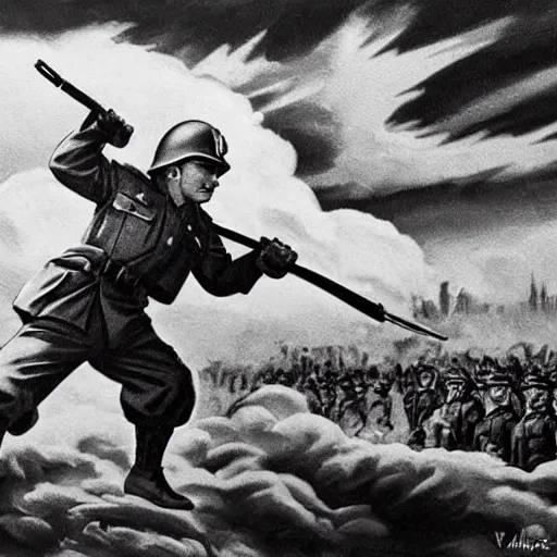 Prompt: pikachu fighting stalin in ww 2 uniform and a mustache, fighting in world war 2, photorealistic, high detail, realistic, sharp focus, smooth edges, soldiers in the background! black & white!, dramatic, sky on fire with dogfights in the sky. wide angle. painting by eugene de lacroix