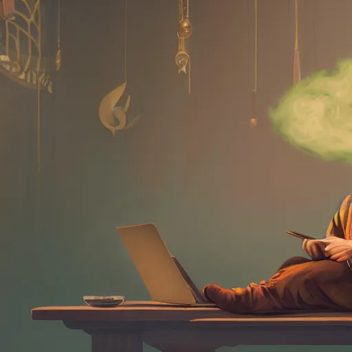 Image similar to young gnome - like man, oversized brown beard and mustache, macbook on his lap, wispy smoke, surreal, art nouveau, photorealistic, octane render, unreal engine, mucha, magritte, artgerm, greg rutkowski, trending on artstation, super detailed, 8 k, control the soul