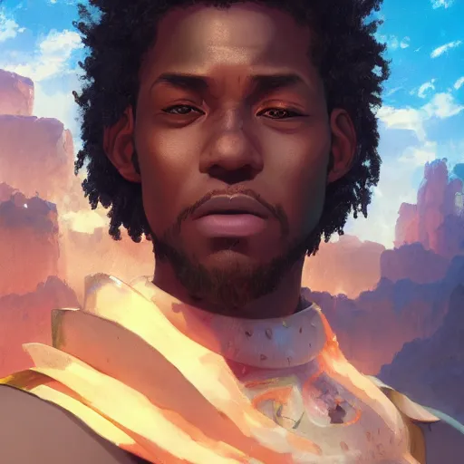 Image similar to an epic fantasy comic book style portrait painting of a black man, studio ghibli, unreal 5, hyperrealistic, octane render, dynamic lighting, intricate detail, cinematic