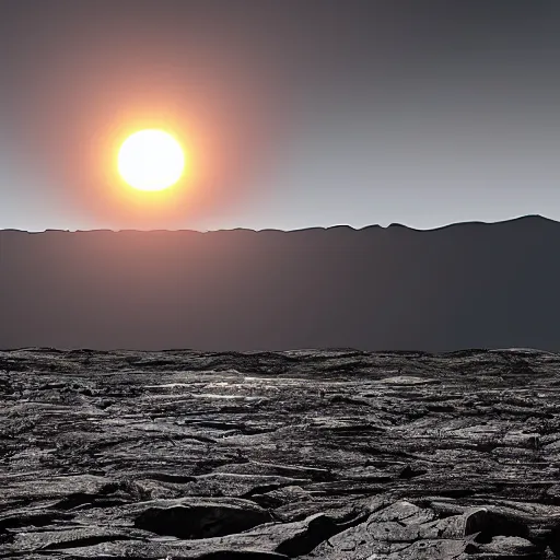 Image similar to rocky grey planet with huge sun on the horizon