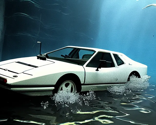 Image similar to white lotus esprit submerged under water, cinematic, photoreal, by red dead redemption 2