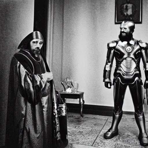 Image similar to ivan the terrible in his palace in moscow talks with iron man, kodak, old photo, black and white, film, wide lens, 1 6 mm,