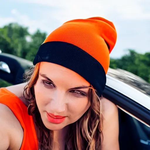 Image similar to girl lounging in a convertible car wearing an orange beanie and a sleeveless shirt, selfie, faint smile