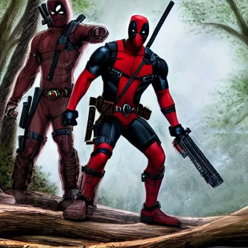 Image similar to deadpool and rocket raccoon in the woods digital art 4 k detailed super realistic