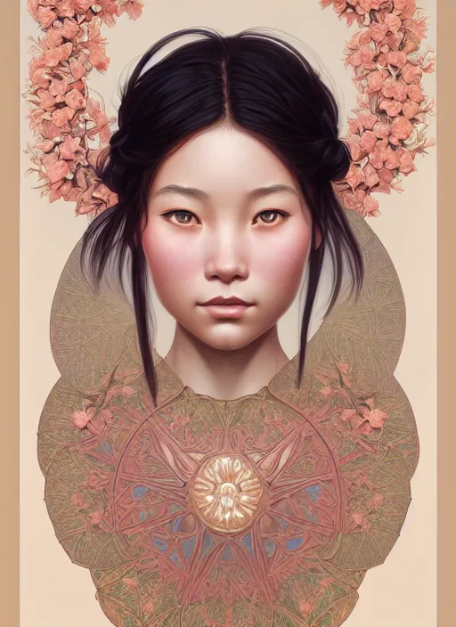 Image similar to symmetry portrait of floral yunnan girl, intricate, elegant, highly detailed, digital painting, artstation, concept art, smooth, sharp focus, illustration, art by artgerm and greg rutkowski and alphonse mucha, 8 k