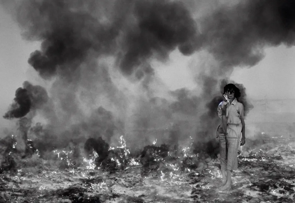 Prompt: portrait photograph fashion in Kuwait oil fields fire burning. 1991.