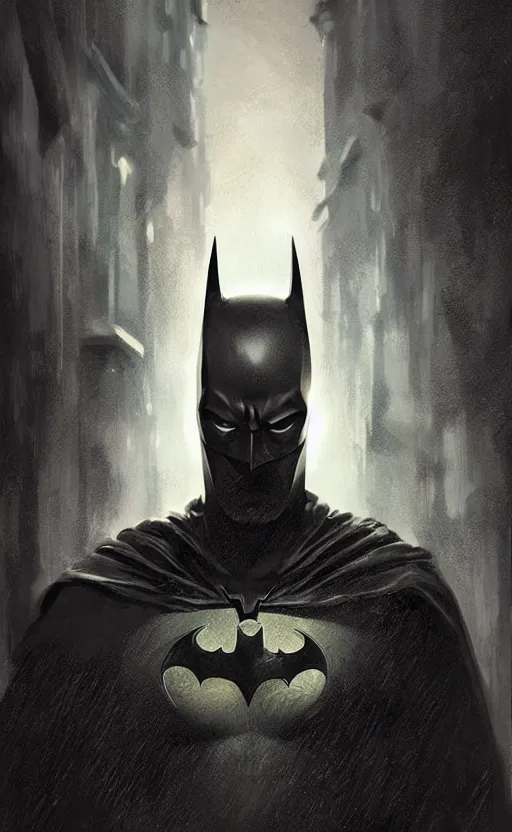 Image similar to Portrait of batman in a black cloak, black hair, glowing eyes, male, detailed face, fantasy, highly detailed, cinematic lighting, digital art painting by greg rutkowski