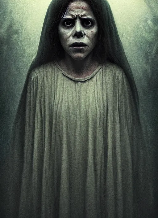 Image similar to portrait of la llorona from the curse of la llorona, desaturated colors, horror lighting, digital art, winning award masterpiece, fantastically eerie, illustration, upscale with simon stalenhag work, trending on artstation, art by wlop and alex ross