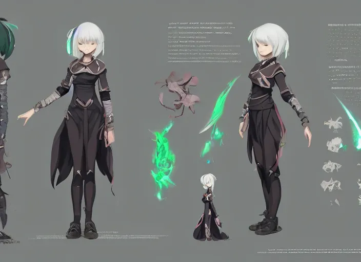 Image similar to character sheet for a beautiful and cute girl for genshin impact by greg rutkowski, black to light green fade hair, genshin impact style, sorcerer magic witch, by studio ghibli, digital art, trending on artstation, hd, 8 k, highly detailed, good lighting, beautiful, masterpiece