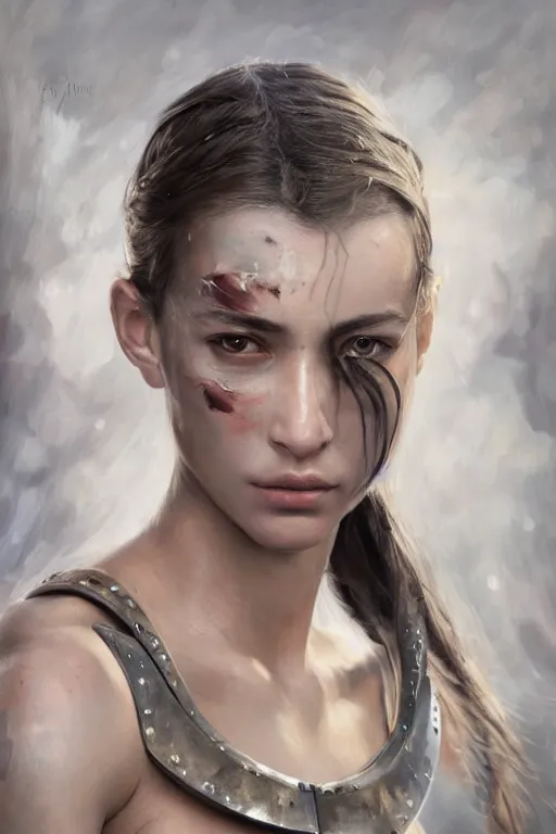 Image similar to a photorealistically painted portrait of an attractive young girl, partially clothed in battle armor, with an abstractly painted background, flawless olive skin, fair complexion, long dark hair, beautiful bone structure, perfectly symmetric facial features, perfect photorealistic eyes, natural physique, intricate, elegant, digital painting, concept art, finely detailed, beautifully illustrated, sharp focus, minimal artifacts, volumetric lighting, from Metal Gear, by Ruan Jia and Mandy Jurgens and Artgerm and William-Adolphe Bouguerea, in the style of Greg Rutkowski, trending on Artstation, award winning art