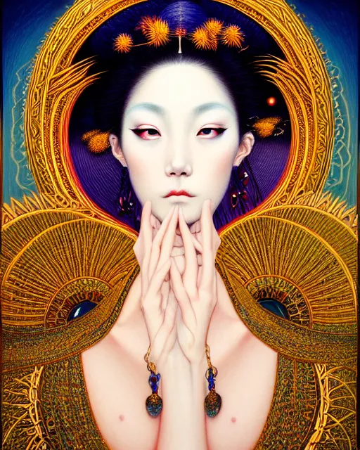 Image similar to portrait of a beautiful goddess, unusual beauty, esoteric, other worldly colors, head in focus, fantasy art, ornamental aesthetics, intricate, elegant, highly detailed hyperrealistic painting, artstation, concept art, painterly, golden ratio, sharp focus, illustration, art by chie yoshii