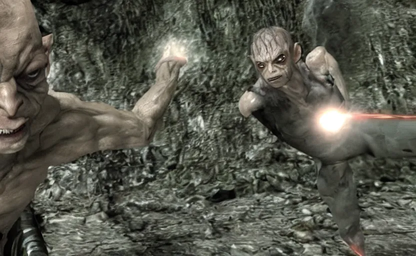 Image similar to a screenshot of gollum as solid snake in metal gear solid 1,