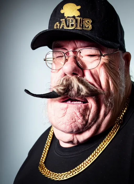 Image similar to dslr portrait photo still of!!! wilfred brimley!!! white mustache as a gangsta rapper with gold chains and gold teeth grills growling at camera, 8 k, 8 5 mm f 1. 8