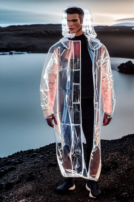 Image similar to an ultra high definition professional high fashion portrait studio full length photograph of a male model wearing a transparent pearlescent raincoat and neon visor in an icelandic black rock environment at dawn. no artefacts. extremely detailed. stark. refraction. shallow depth of field. volumetric light and shadow. ray tracing. light rays.