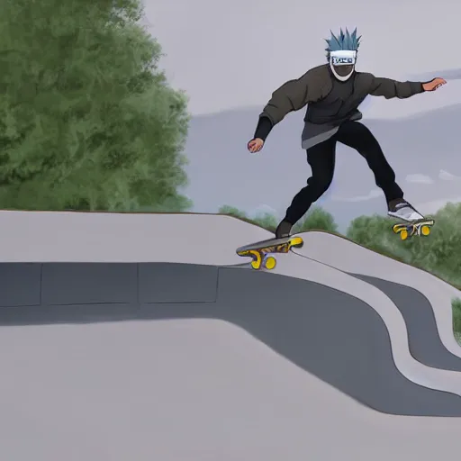 Image similar to kakashi at a skatepark, 8k, fully detailed, cinematic lighting, professional digital painting, kickflip,