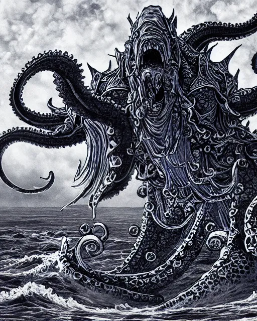 Image similar to A huge blue kraken in a vast sea, terrifying, black and white, fantasy art, monster art, in the style of masami kurumada, illustration, epic, fantasy, intricate, hyper detailed, artstation, concept art, smooth, sharp focus, ray tracing