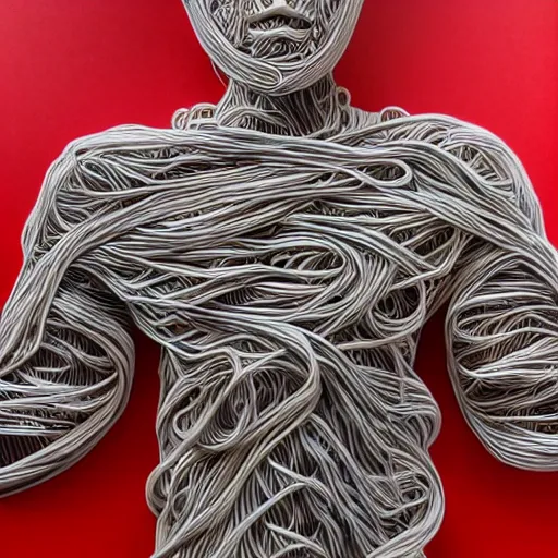 Image similar to a person made out of usb cables, body shot, realistic shot, intricate details, ultra - realistic, atmospheric shot.