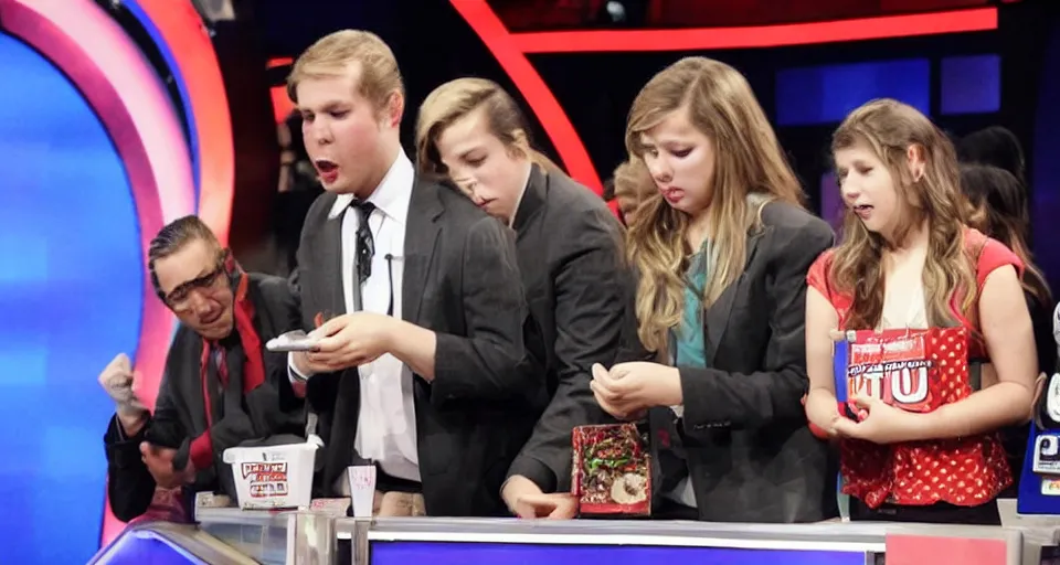 Image similar to girl opens briefcase to reveal a subway sandwich on deal or no deal, contestant is crying, photograph