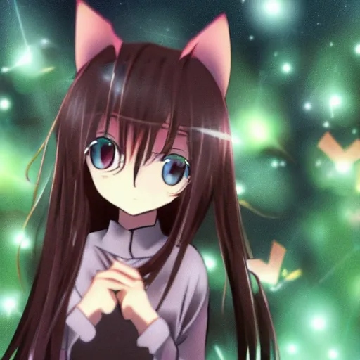 Prompt: anime catgirl spotted in forest, photograph at night with flash