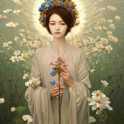 Image similar to breathtaking detailed concept art painting of the goddess of nemophila flowers, orthodox saint, with anxious, piercing eyes, ornate background, amalgamation of leaves and flowers, by Hsiao-Ron Cheng, James jean, Miho Hirano, Hayao Miyazaki, extremely moody lighting, 8K