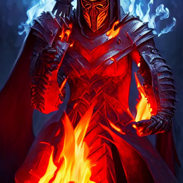 Image similar to hell knight with fire powers, highly detailed, 8 k, hdr, smooth, sharp focus, high resolution, award - winning photo, artgerm, photorealistic