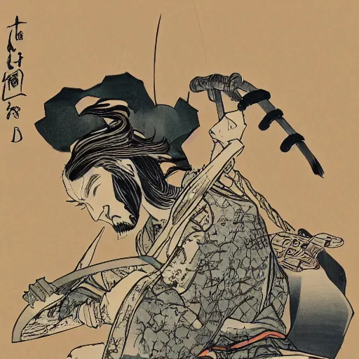 Image similar to by hokusai, samurai man vagabond, the samurai holds chains, detailed, editorial illustration, matte print, concept art, ink style, sketch, digital 2 d