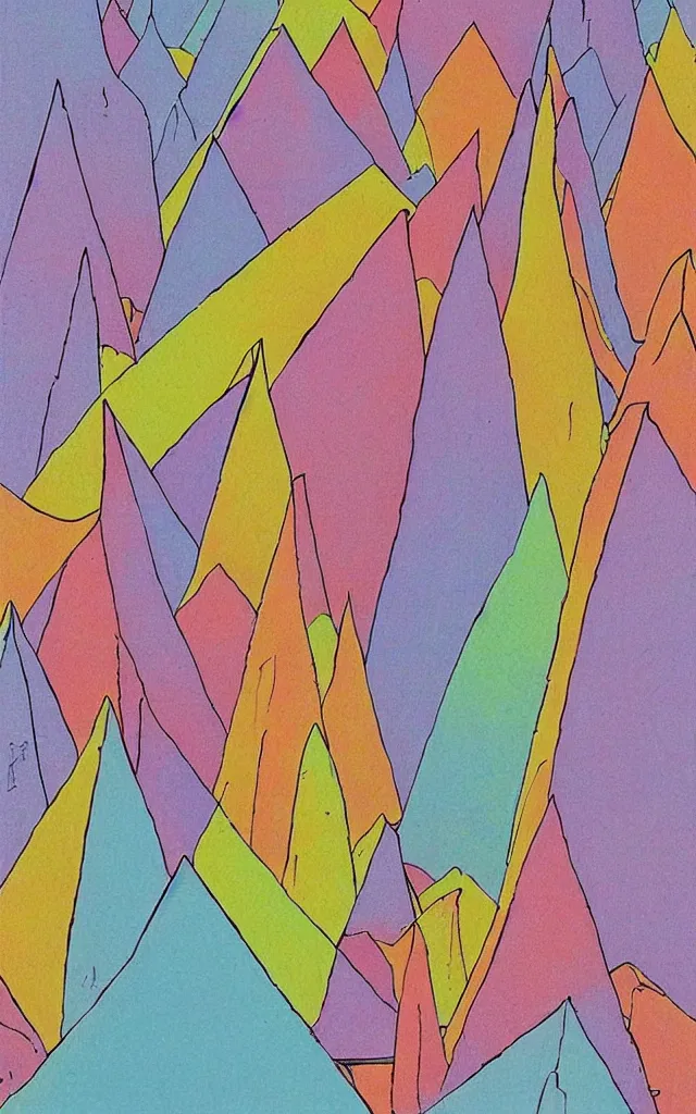 Prompt: triangles. retro art by jean giraud. pastel colors