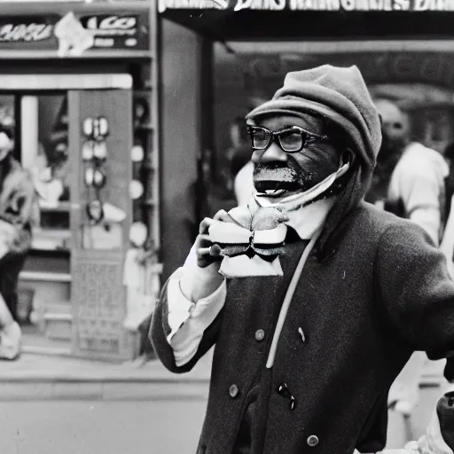 Prompt: 35mm photo of ignatius riley from a confederacy of dunces eating a hotdog